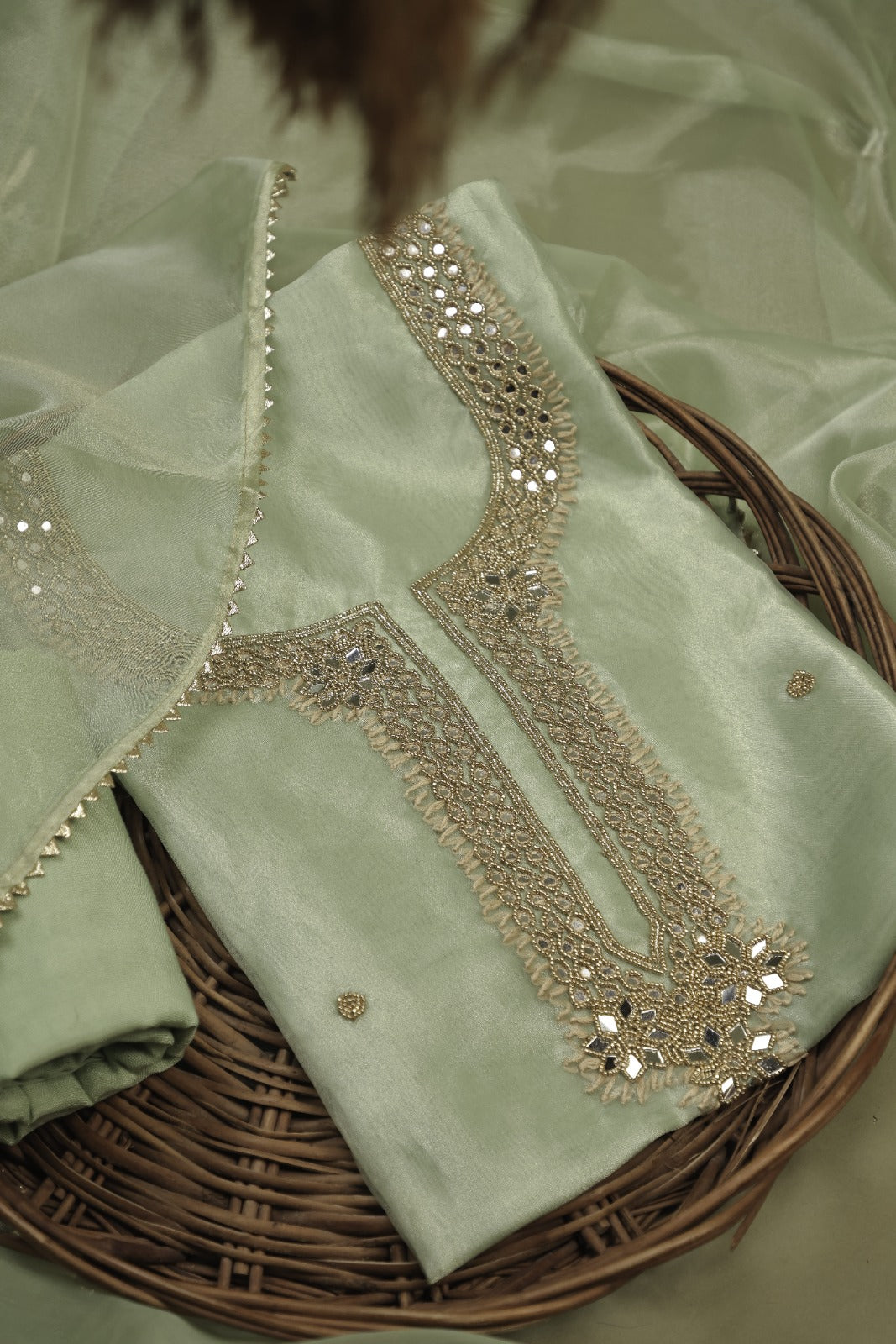 Pista Green Unstitch Suit with Exquisite Mirror Work