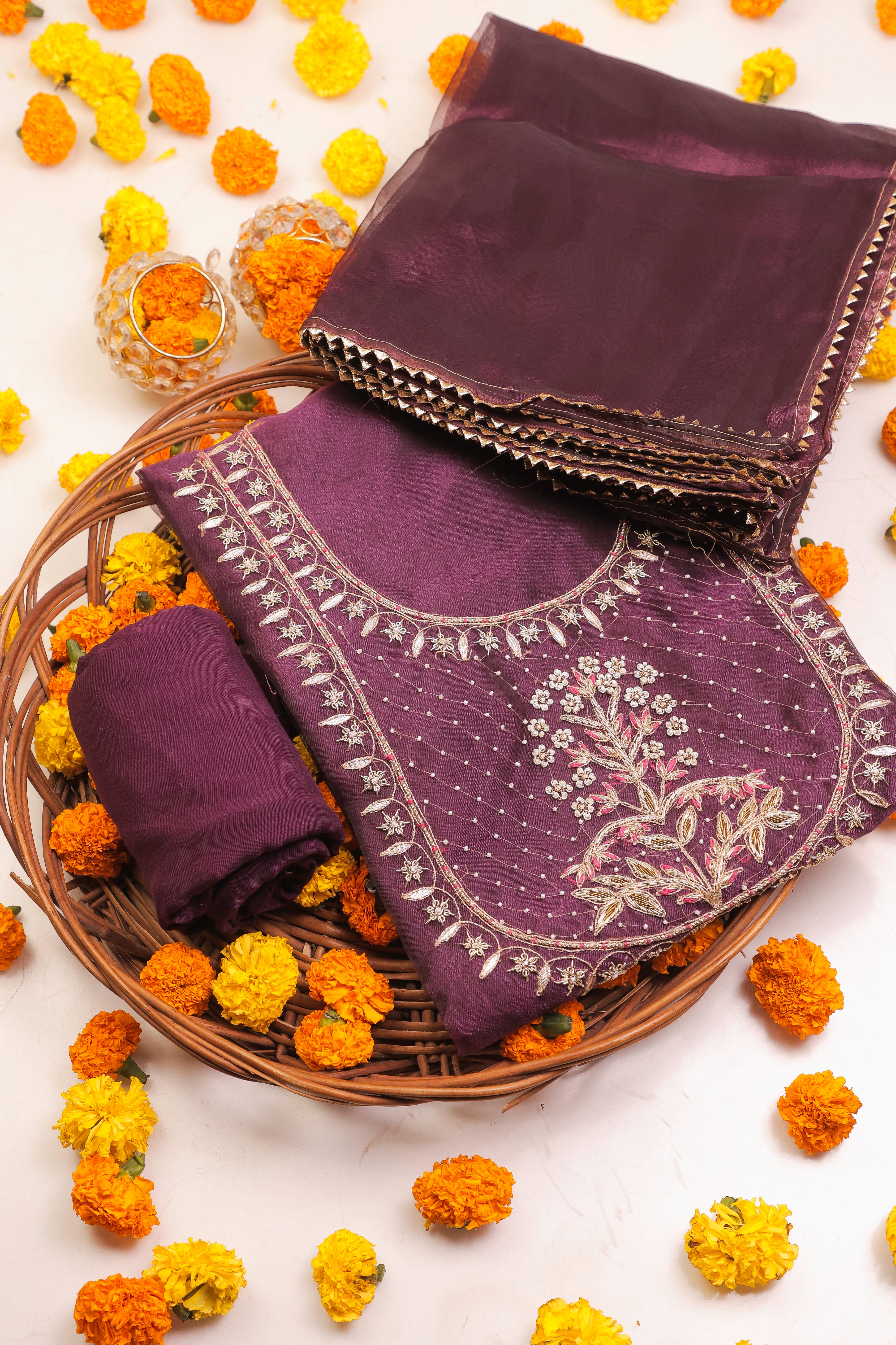 Deep Violet Unstitch Suit with Handcrafted Zardozi, Gotta Patti, and Rani Thread Work