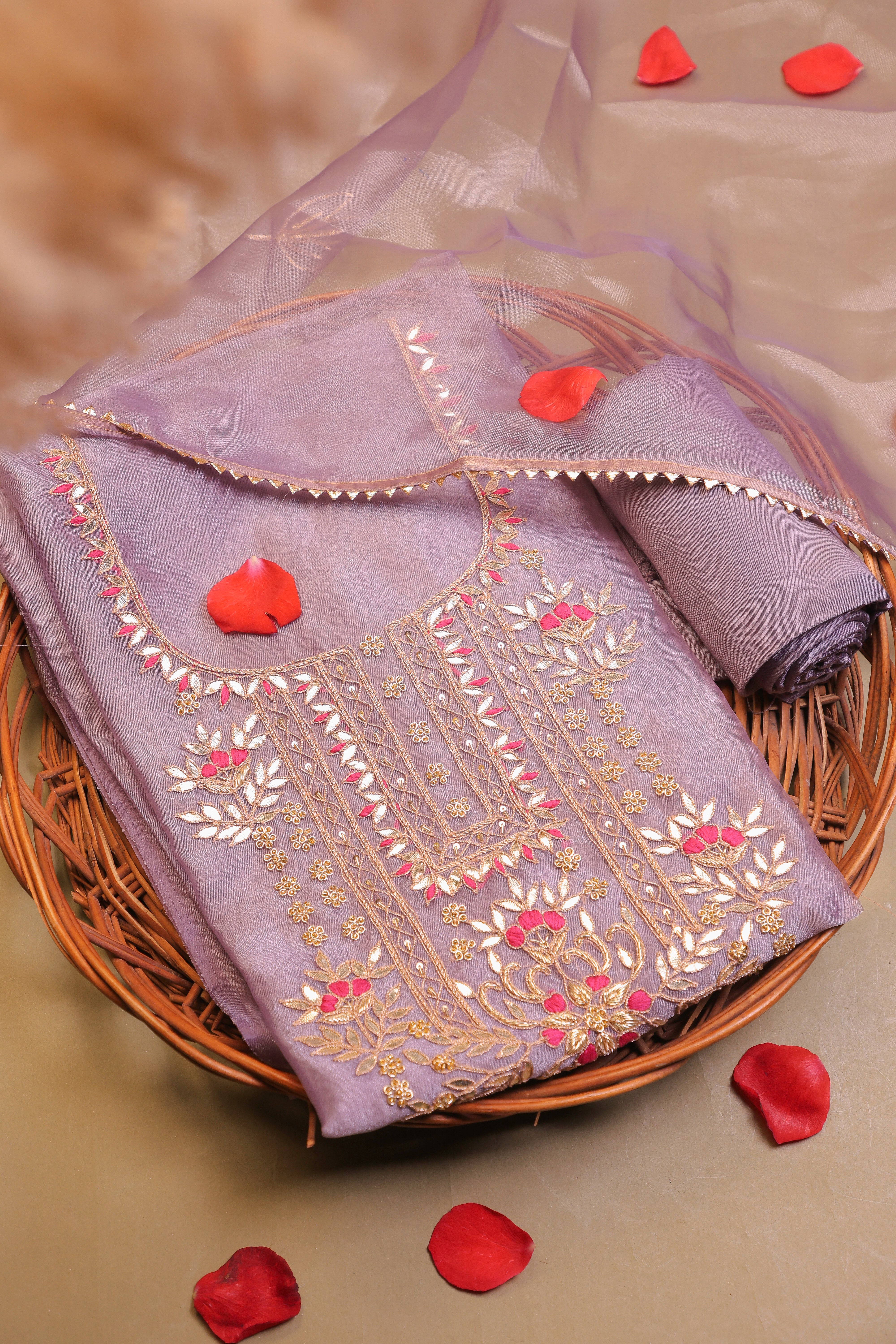 Lavender Unstitch Suit with Heavy Handcrafted Gota Patti and Rani Thread Work