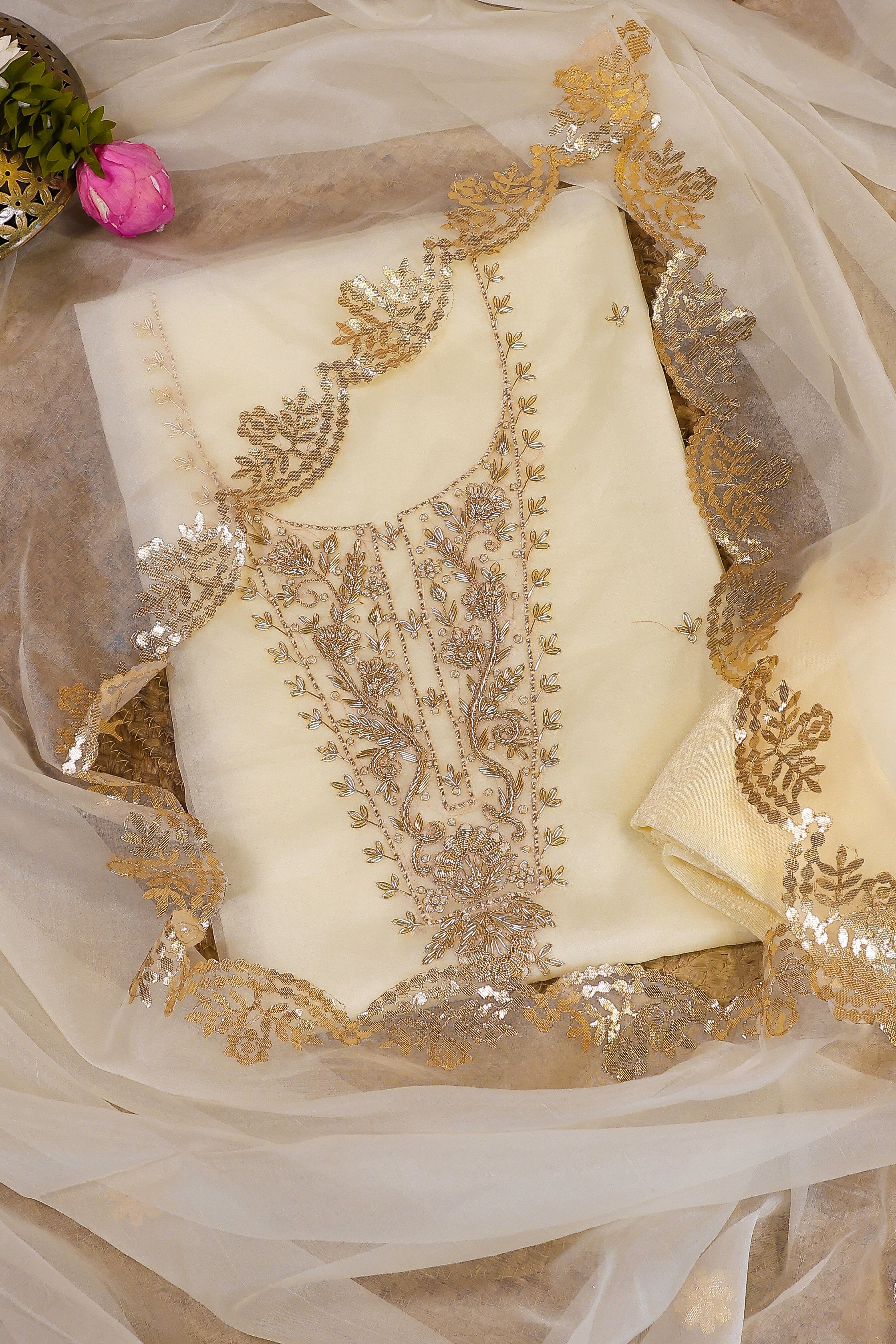 Off White Unstitch Suit with Handcrafted Heavy Zardozi and Patra Gota Patti Work
