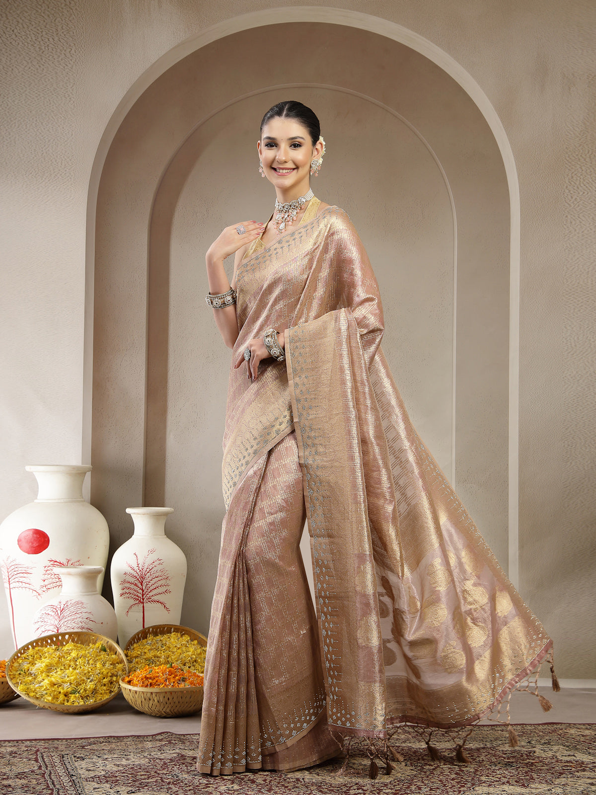 Champagne Gold Organza Silk Saree