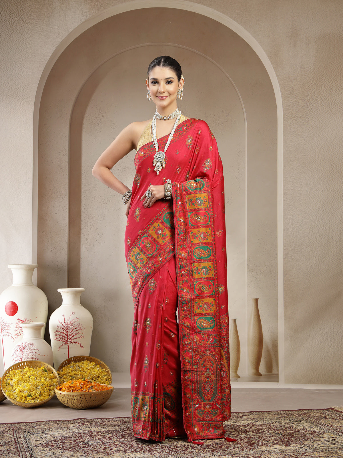 Crimson Red Organza Silk Saree