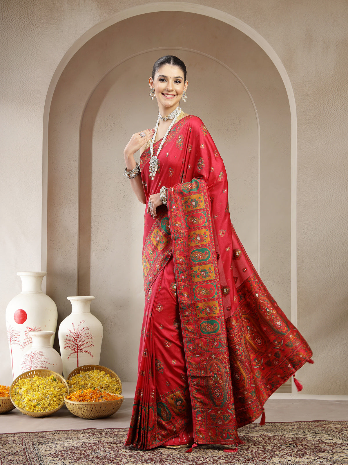 Crimson Red Organza Silk Saree