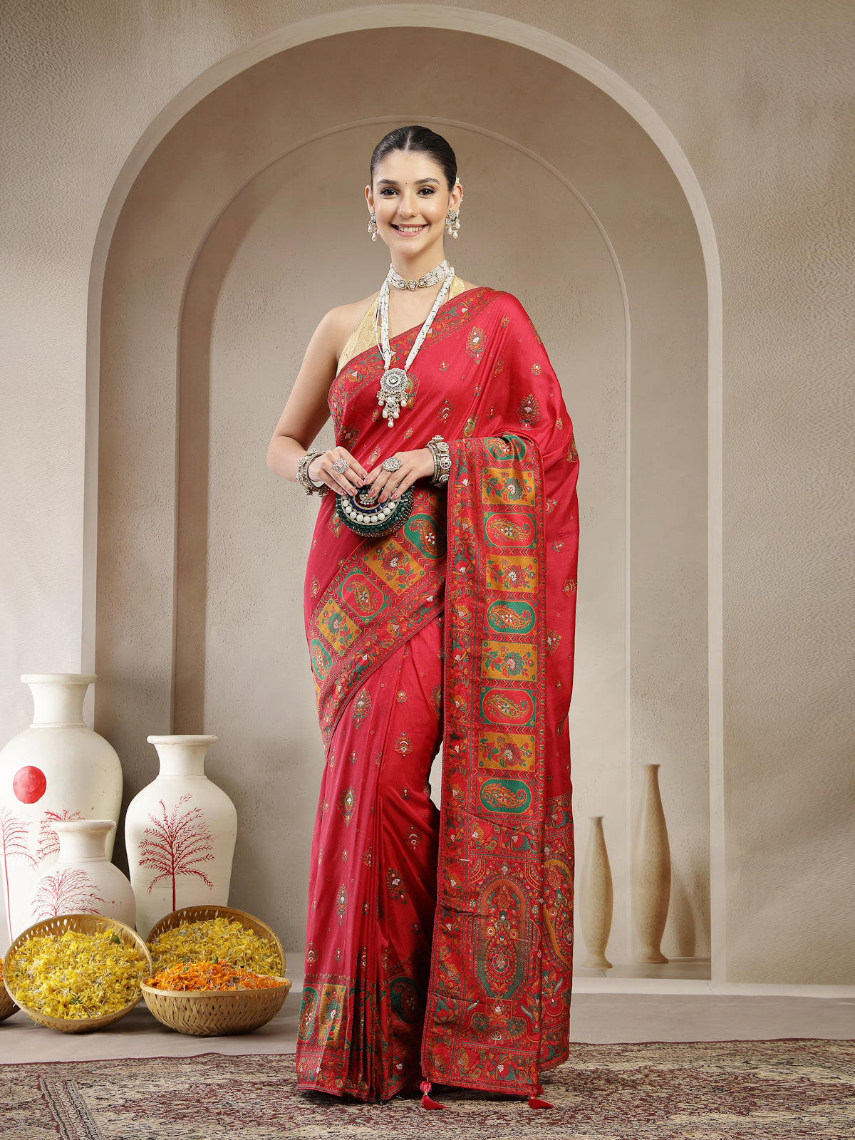 Crimson Red Organza Silk Saree