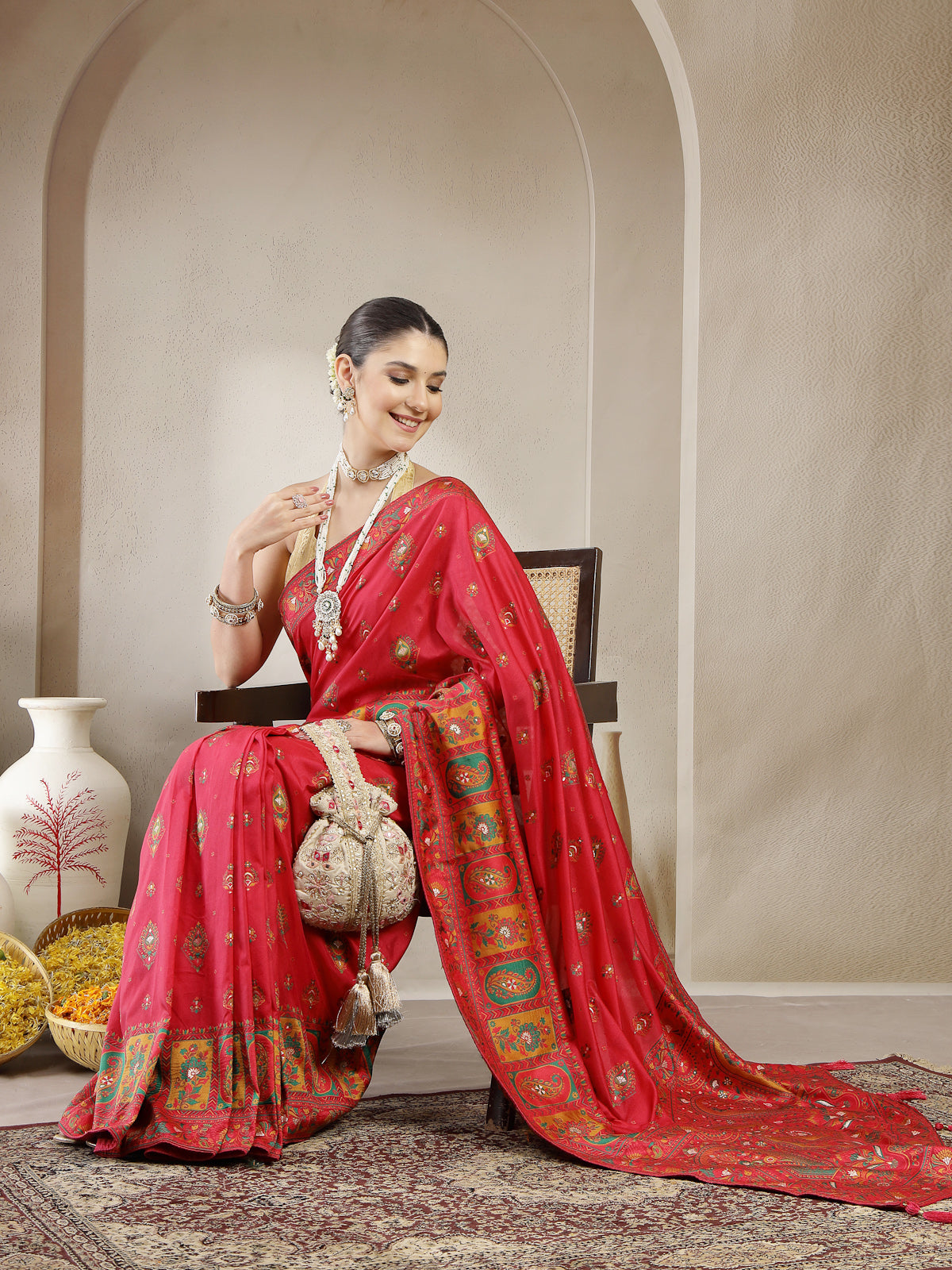 Crimson Red Organza Silk Saree