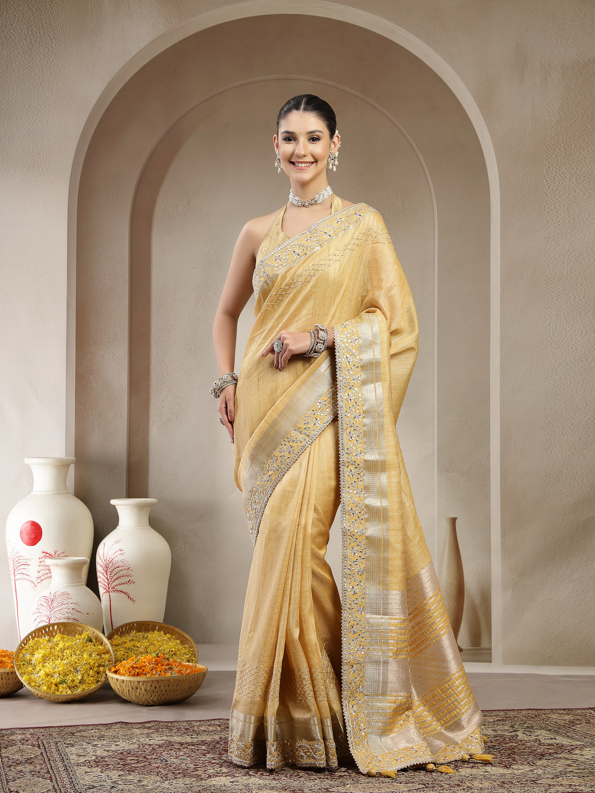 Golden Yellow Organza Silk Saree