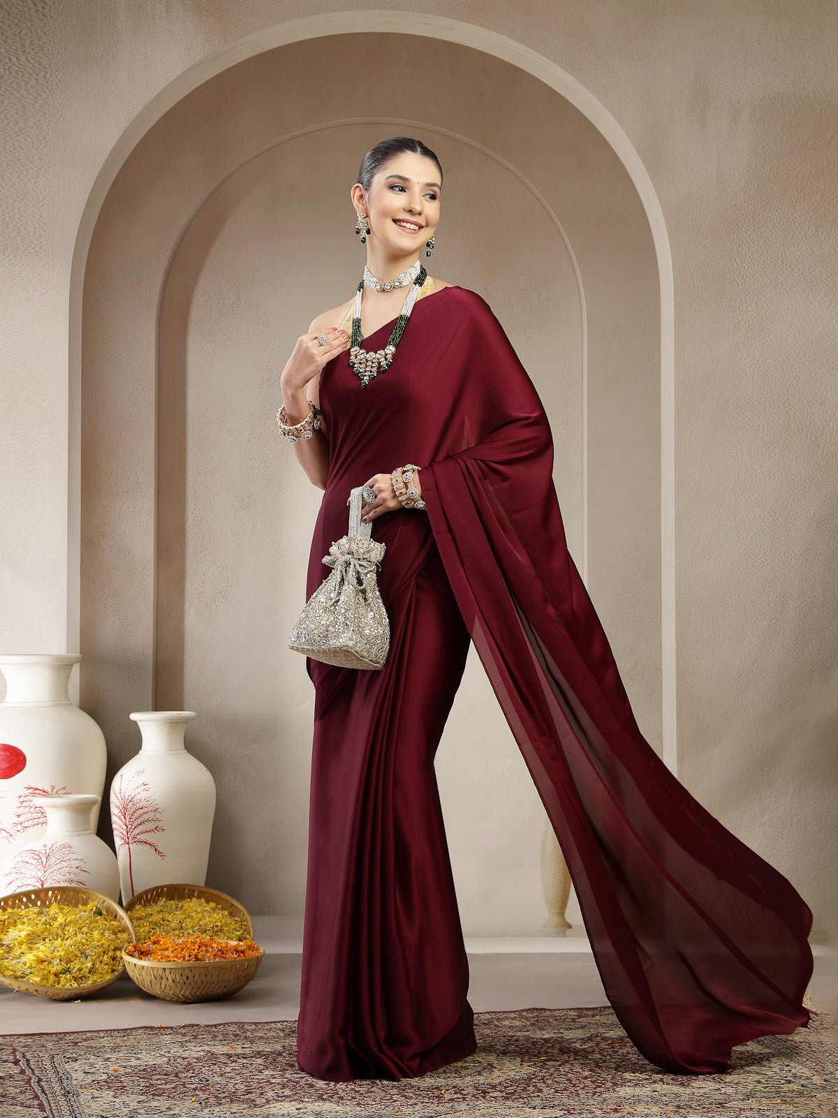 Deep Wine Satin Silk Saree