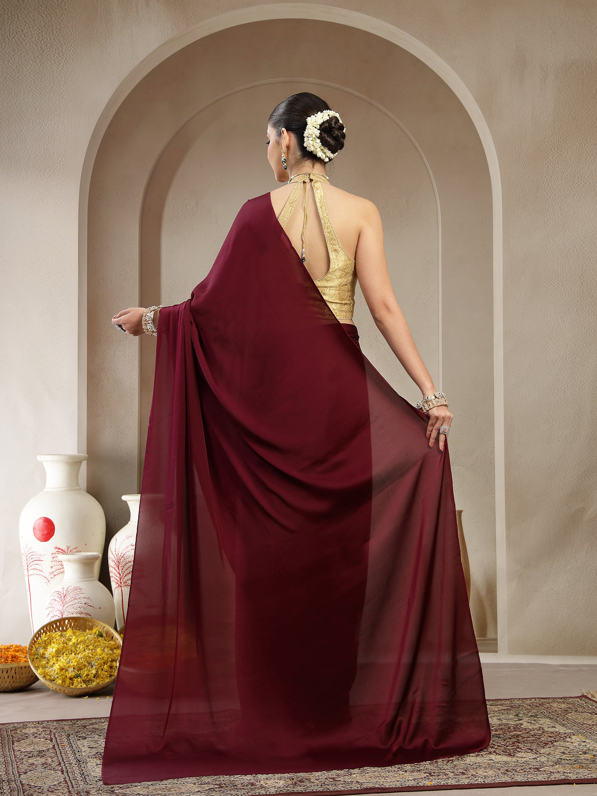Deep Wine Satin Silk Saree