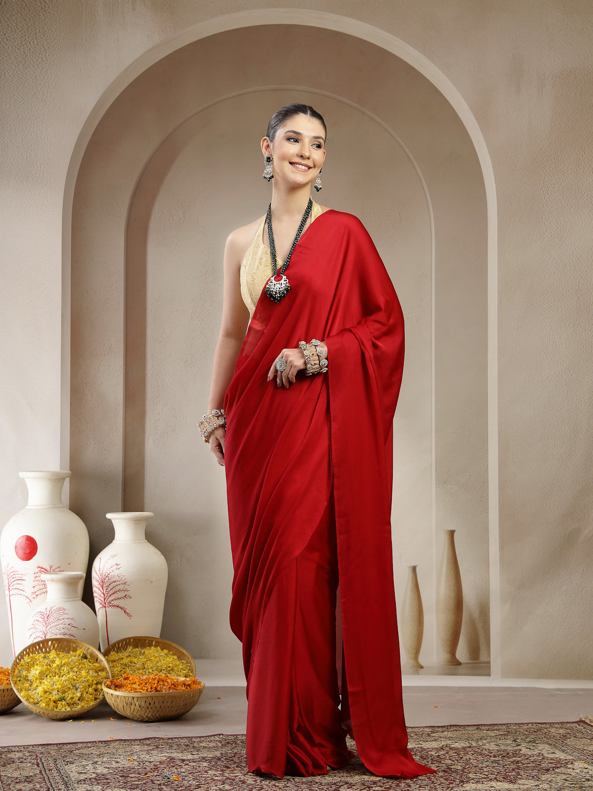 Vibrant Red Satin Silk Saree
