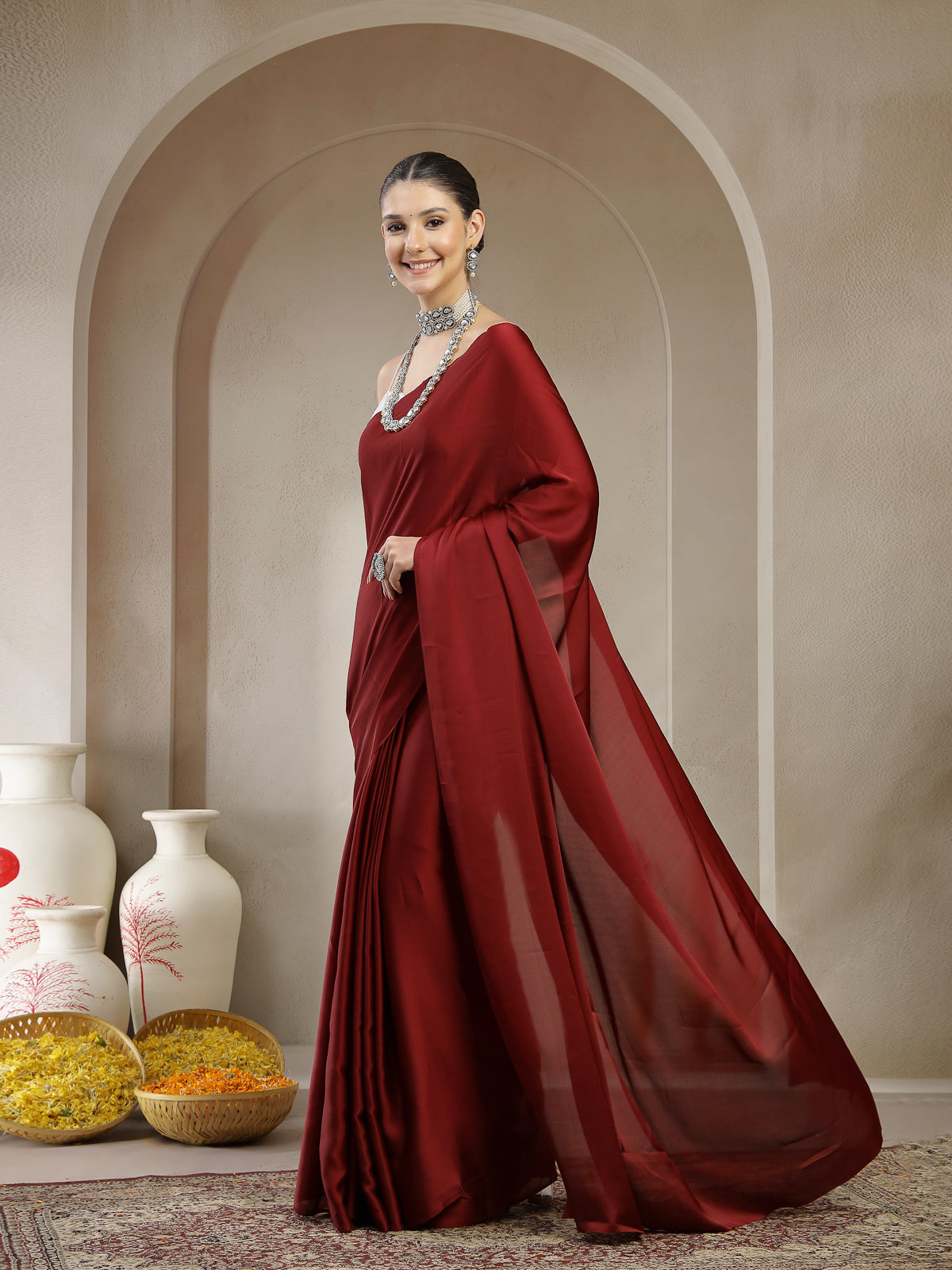 Plain Maroon Satin Silk Sarees