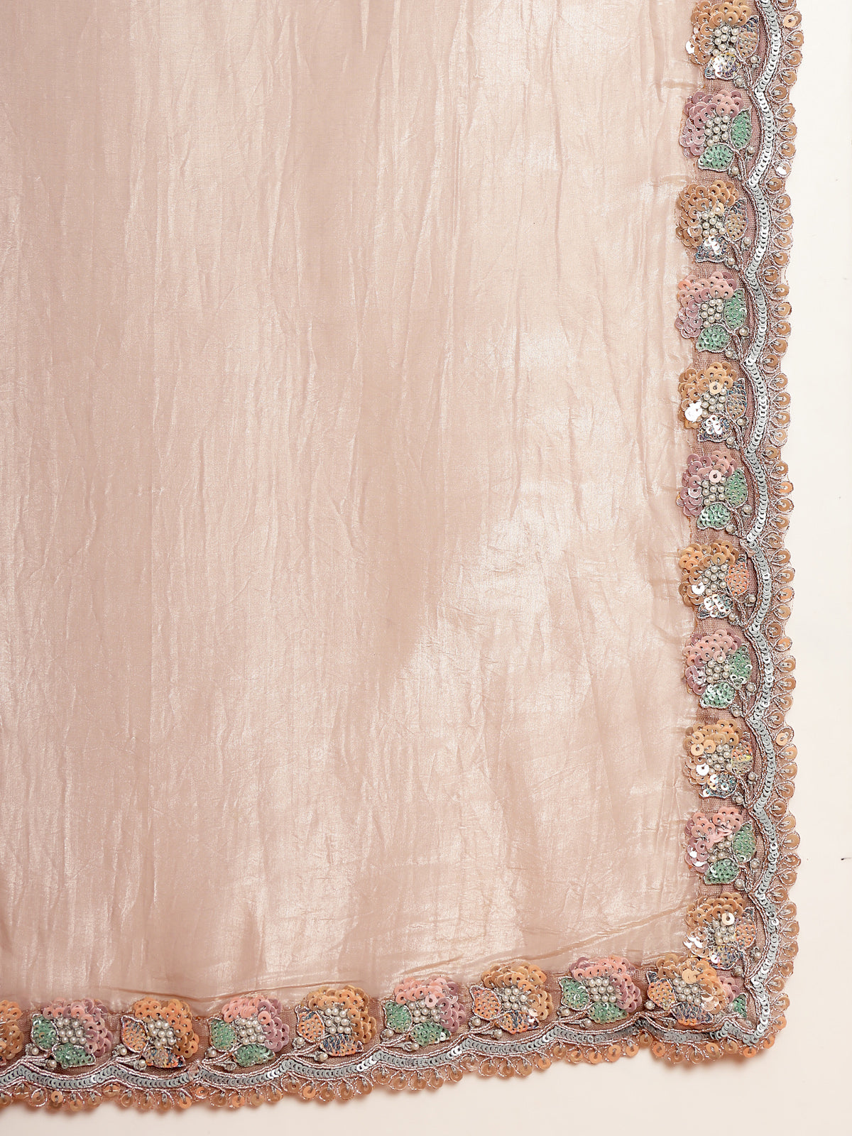 Rose Gold Organza Saree with Silver Sequin Border