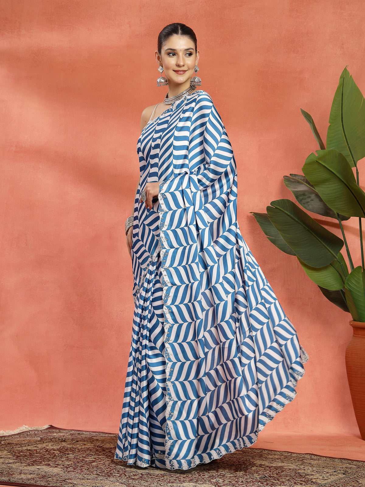 Blue & White Geometric Satin Printed Saree