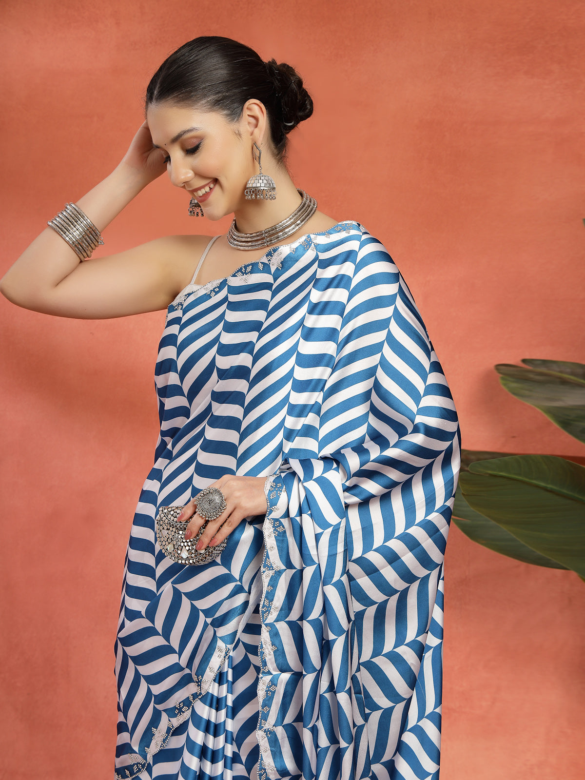 Blue & White Geometric Satin Printed Saree