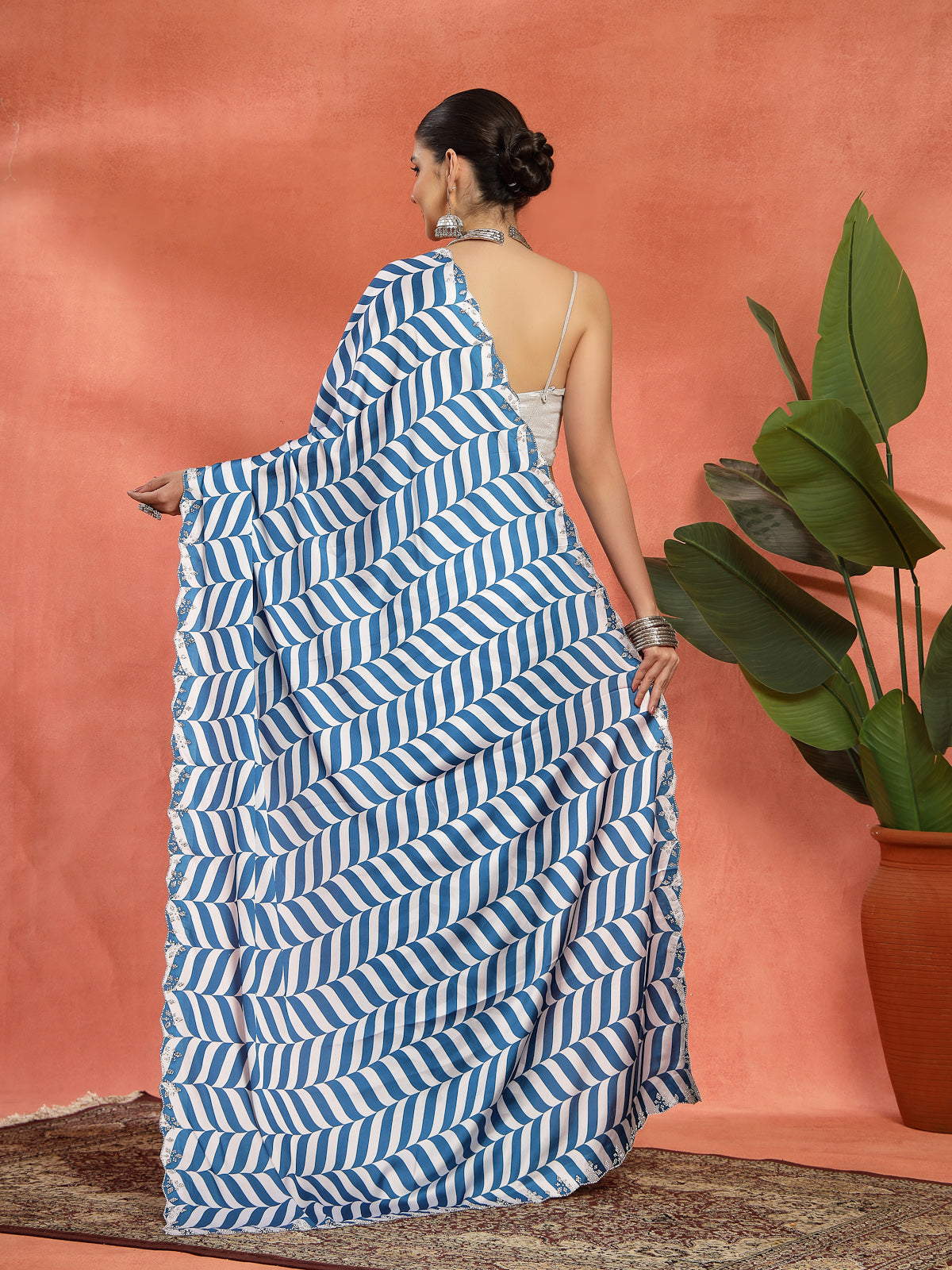 Blue & White Geometric Satin Printed Saree