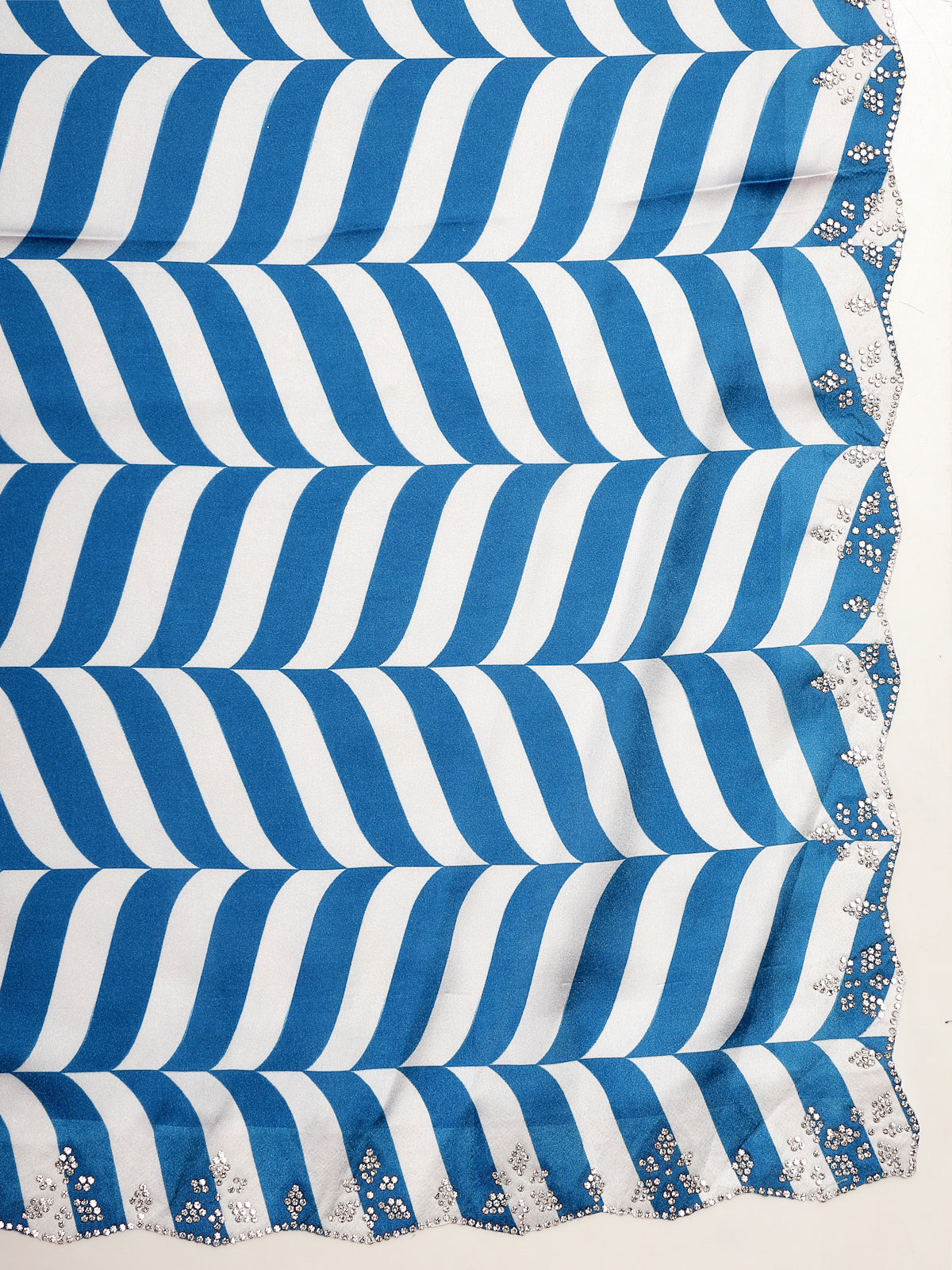 Blue & White Geometric Satin Printed Saree