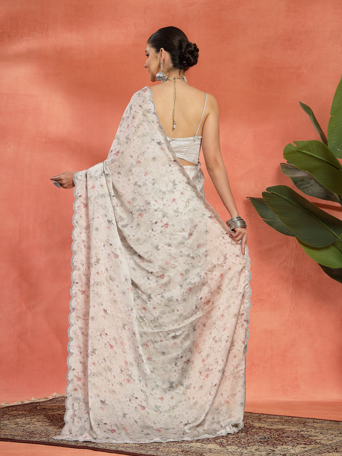 Off White Organza Floral Printed Sarees