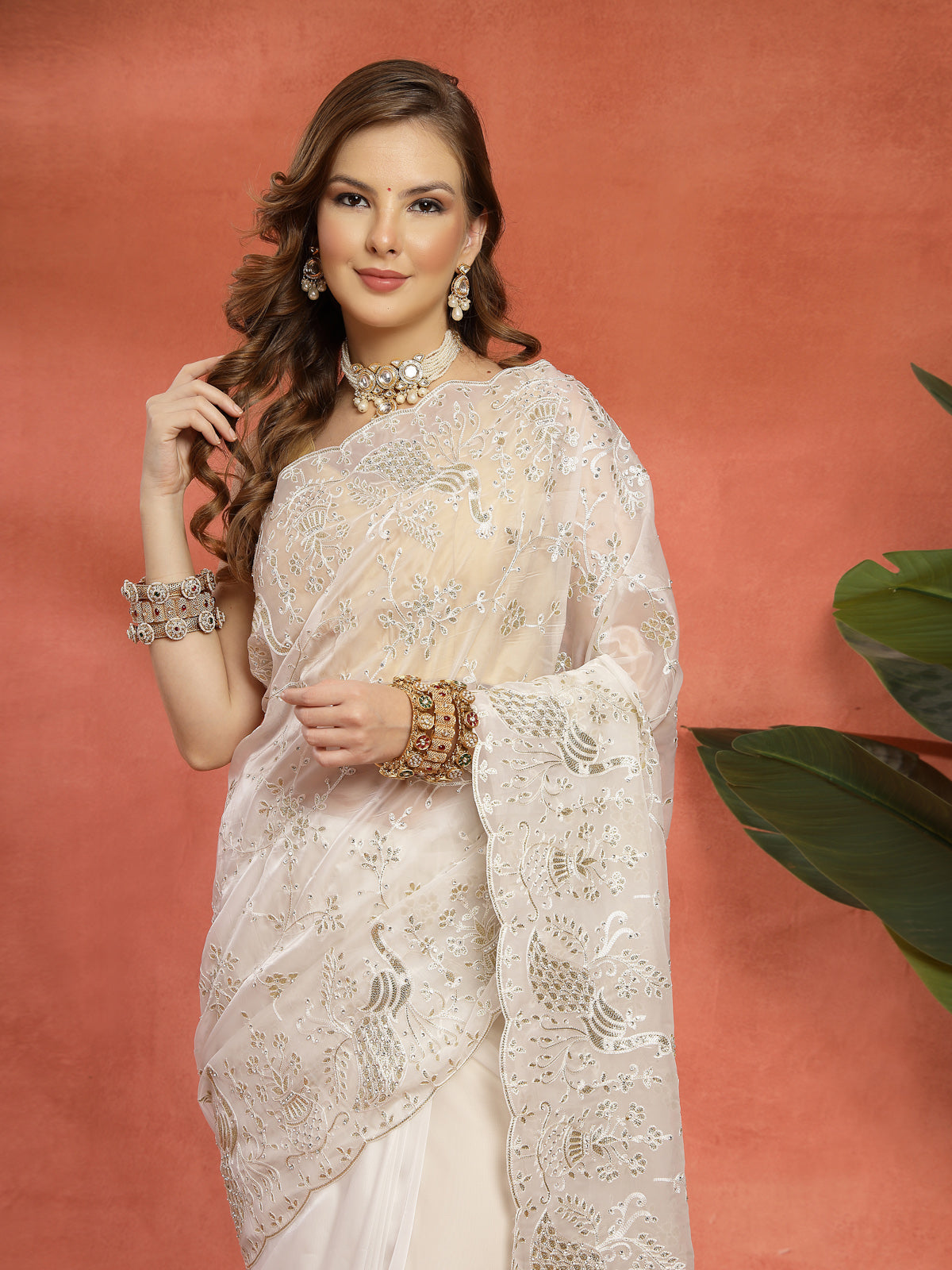 Light Pink intricate Silver Toned Embroidery Organza Saree