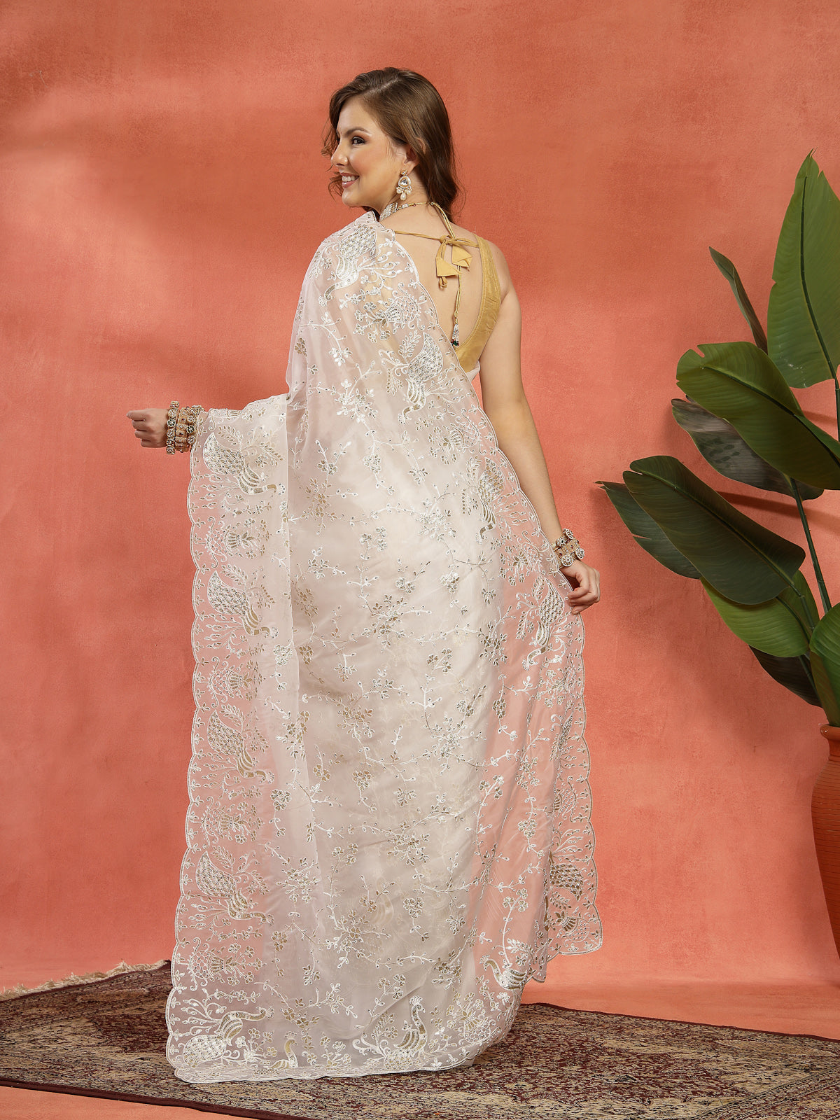 Light Pink intricate Silver Toned Embroidery Organza Saree