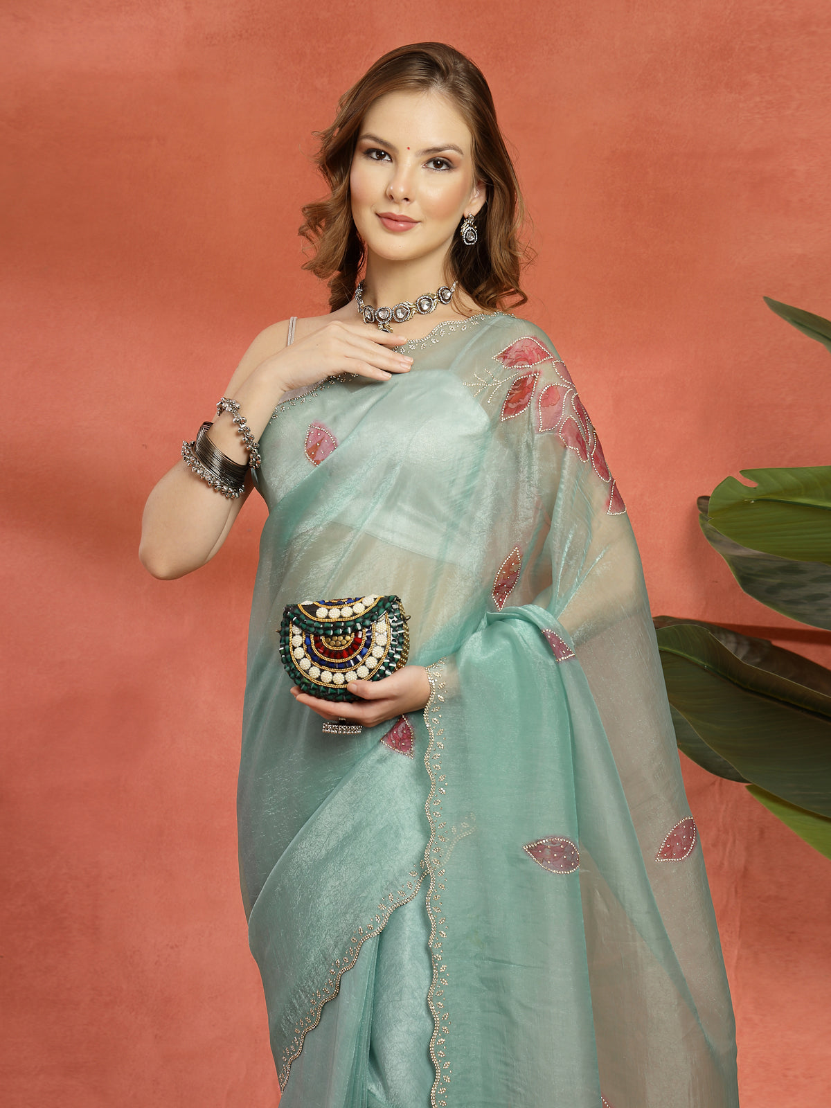 Organza Aqua Green Floral Embroidery Scalloped Border Saree