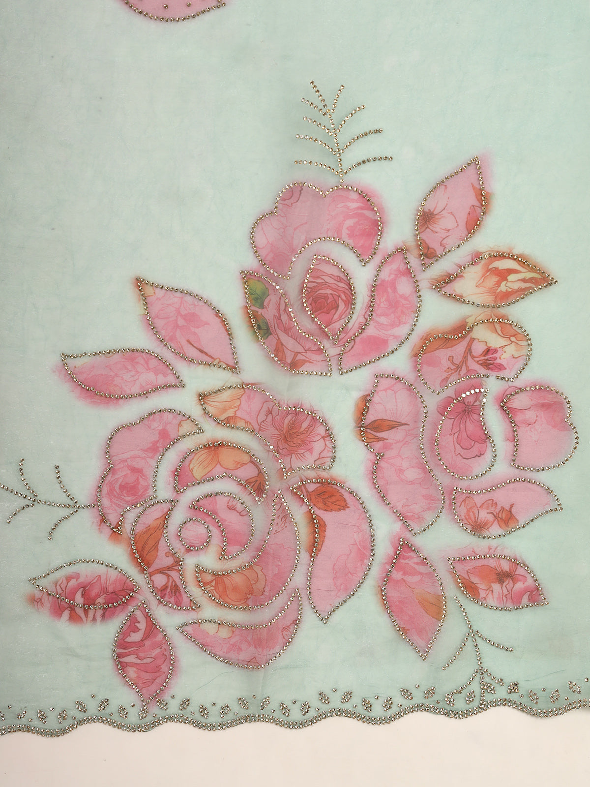 Organza Aqua Green Floral Embroidery Scalloped Border Saree