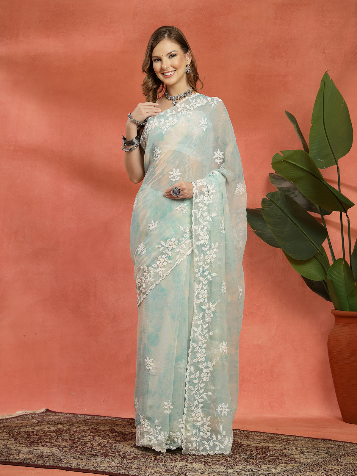 Sage Green & White Organza Floral Embroidered Saree