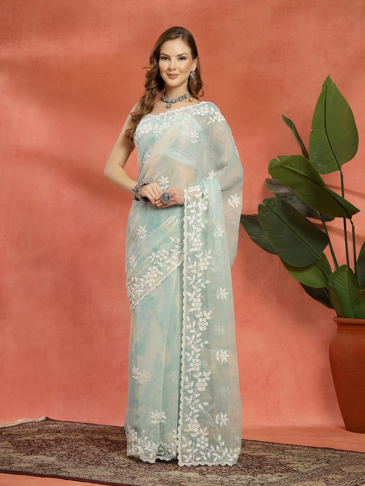 Sage Green & White Organza Floral Embroidered Saree