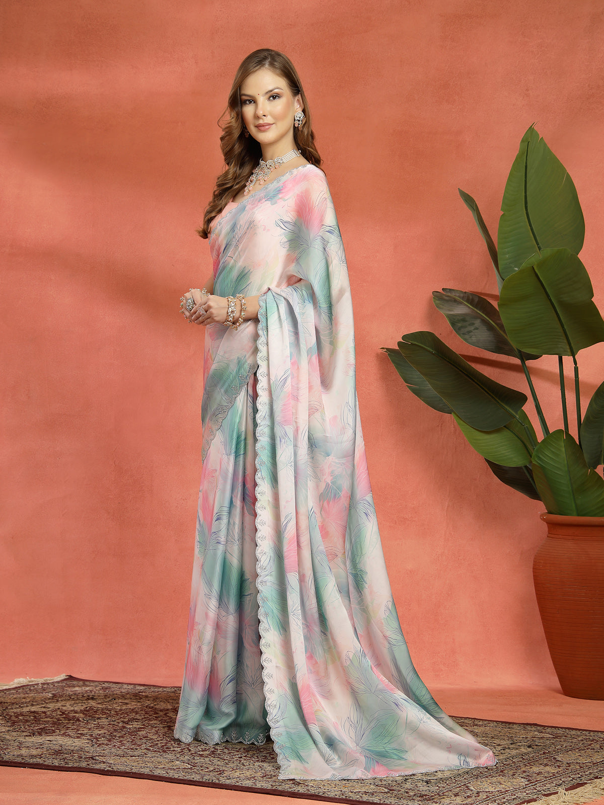 Multi Color Floral Printed Organza Saree