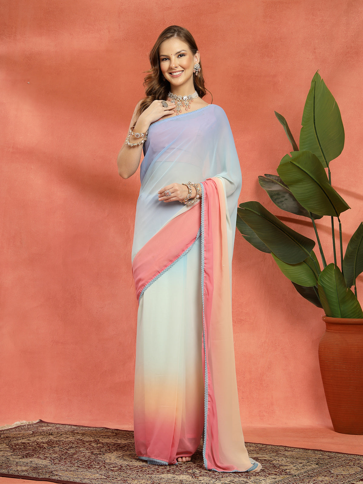 Pastel Blue, White, and Pink Organza Rich Border Saree