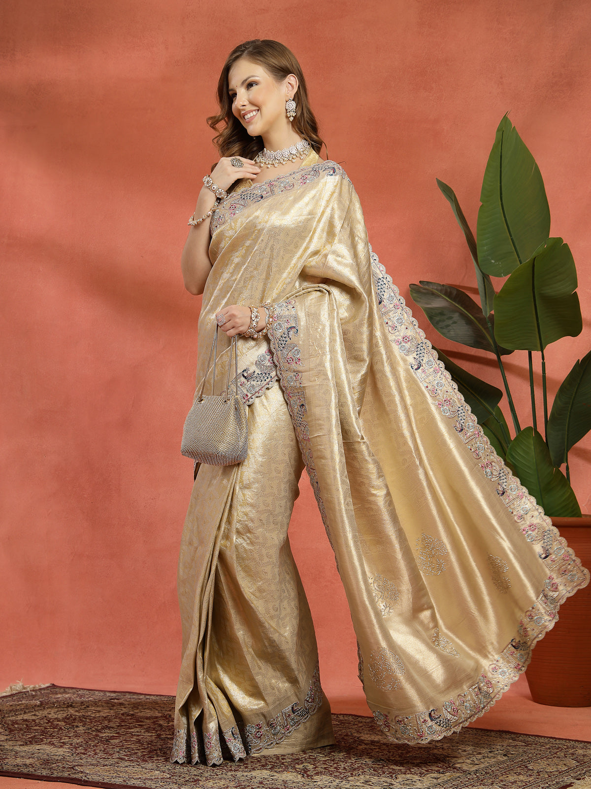 Champagne Gold Organza Saree with Scalloped Zari Border