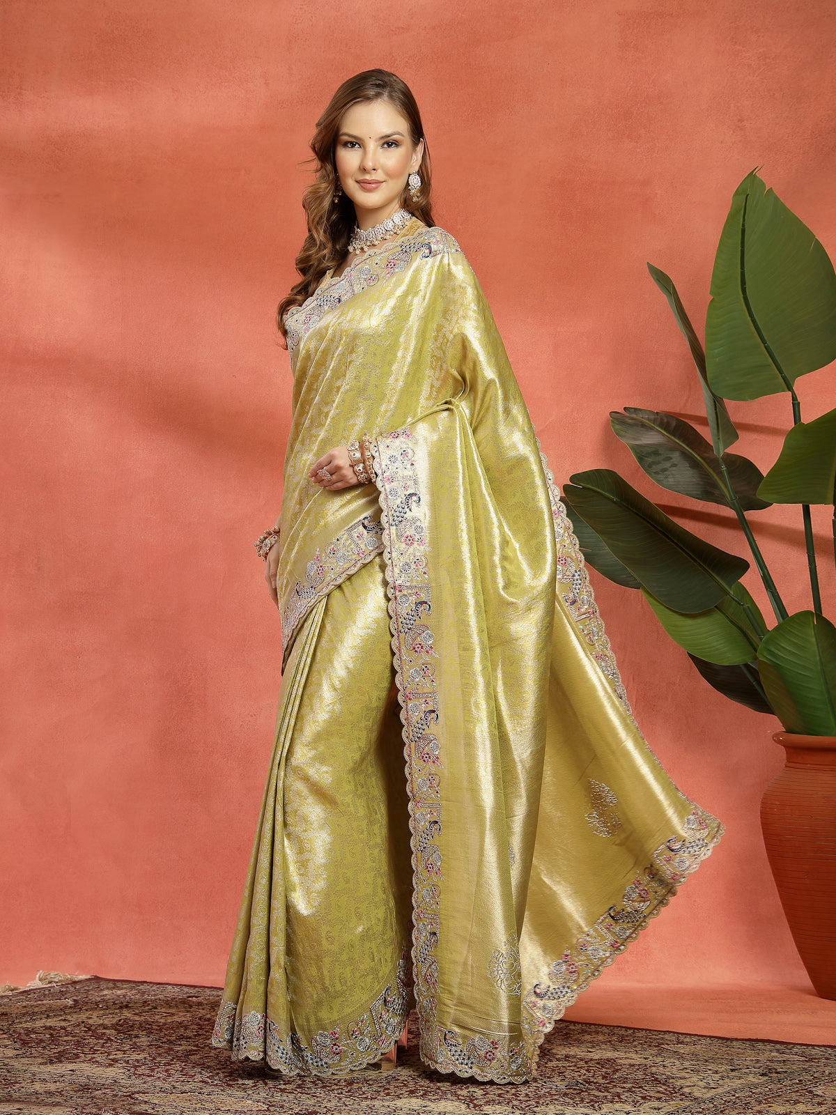 Olive Green Organza Embroidered Saree