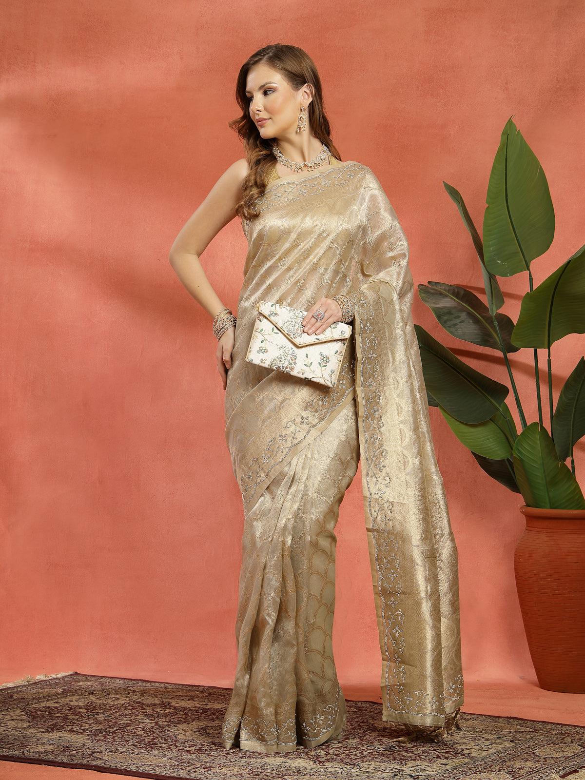 Champagne Cream Woven Satin Silk Saree