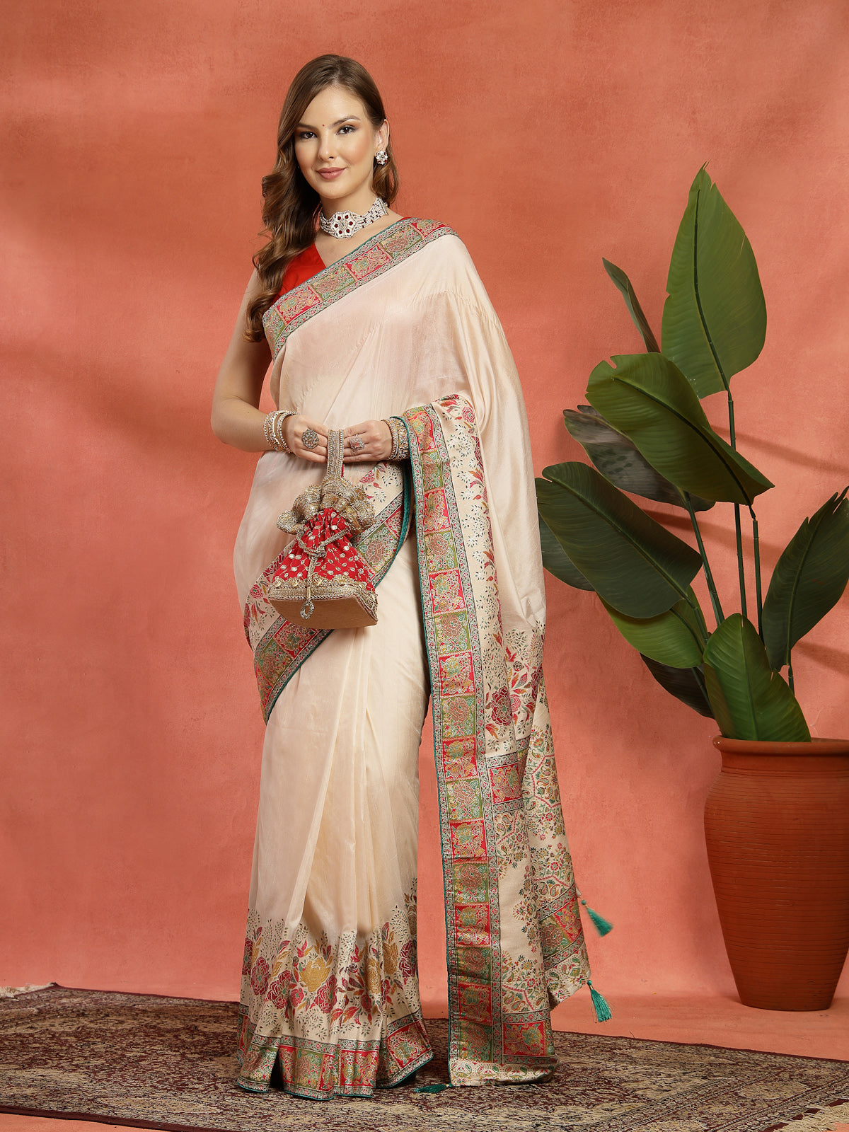Ivory Handcrafted Satin Saree with Multicolor Embroidered Border