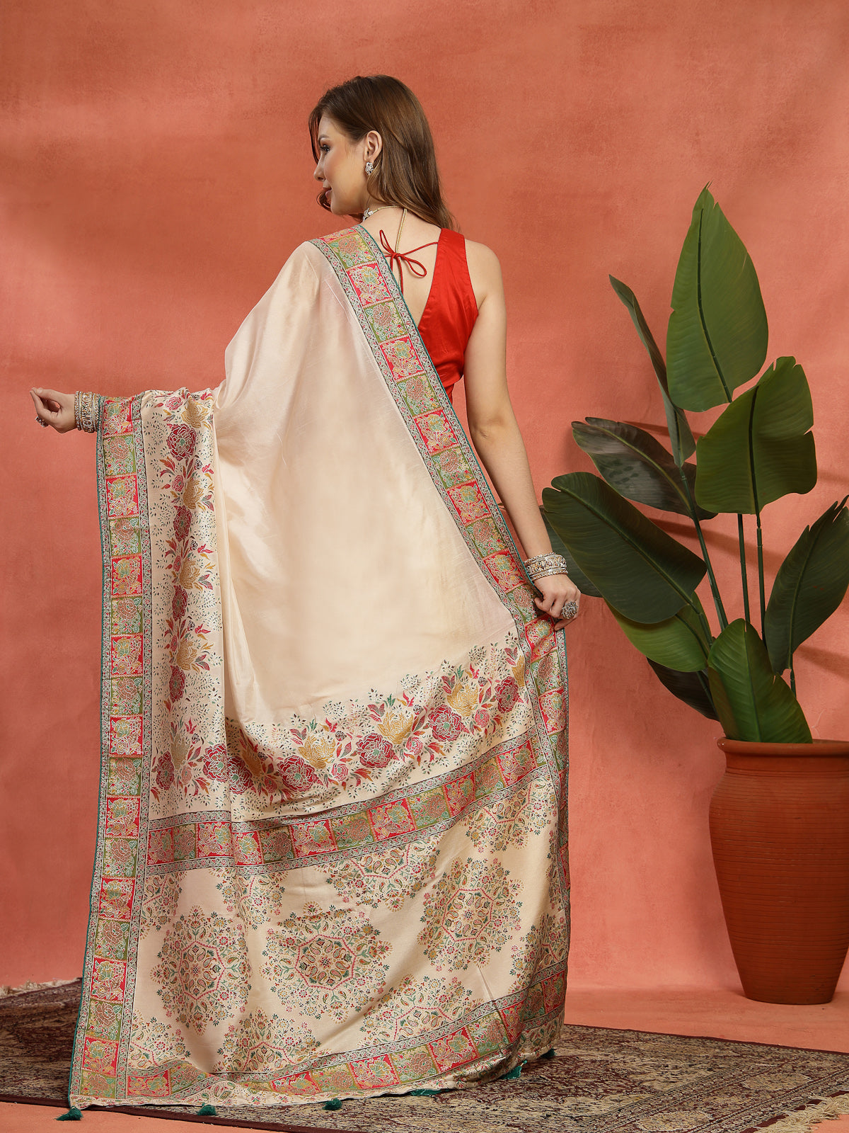 Ivory Handcrafted Satin Saree with Multicolor Embroidered Border