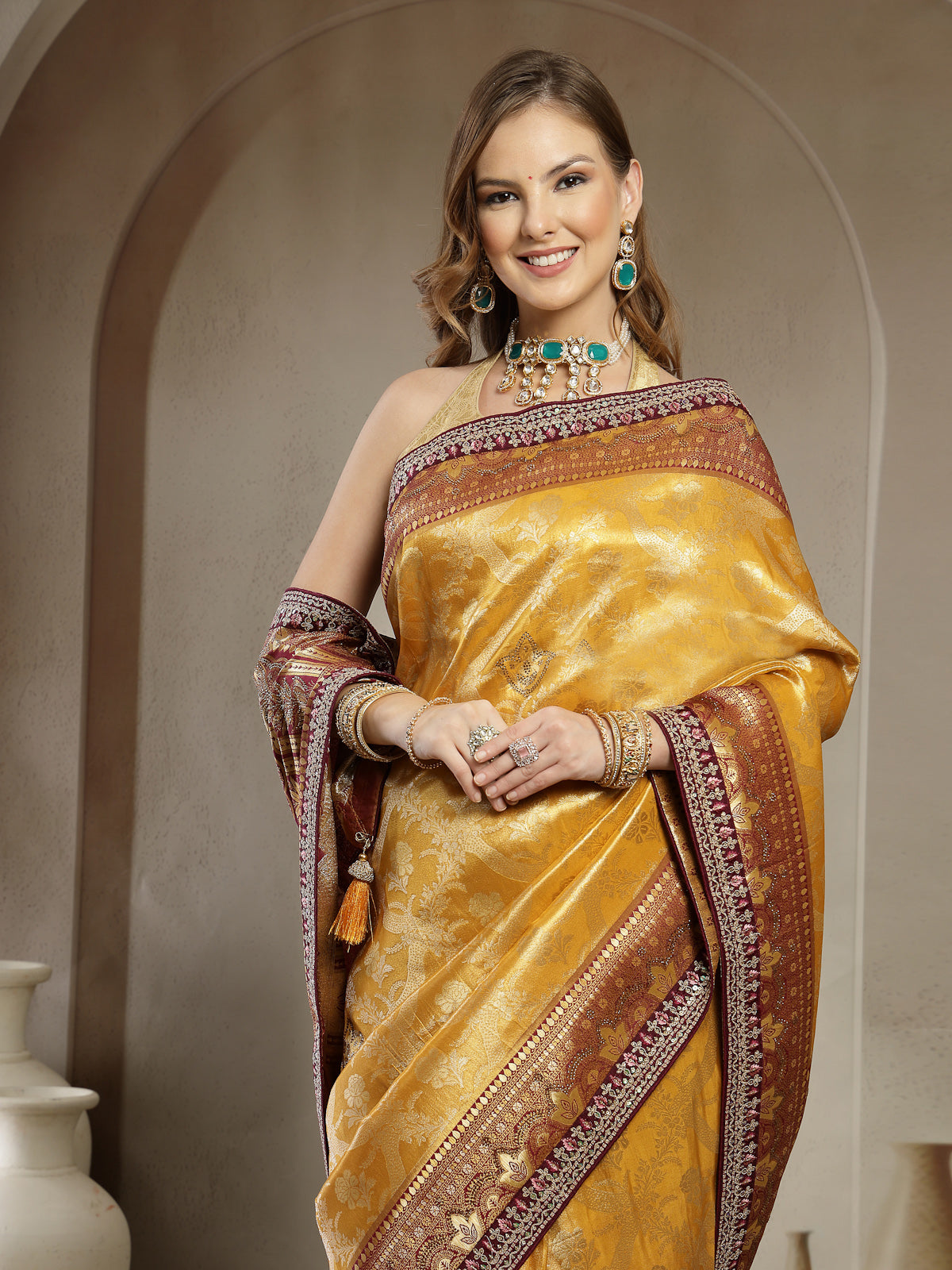 Mustard Golden Satin Saree Heavy Maroon Embroidered Border