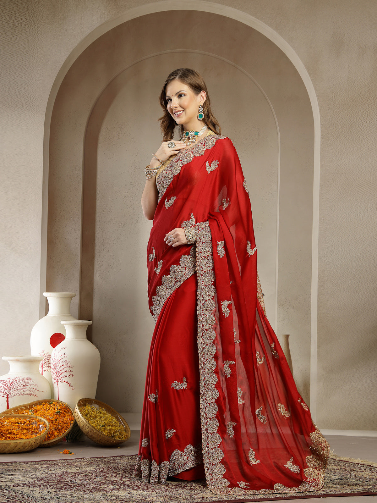 Crimson Red Organza Saree with Elegant Silver Embroidered Border