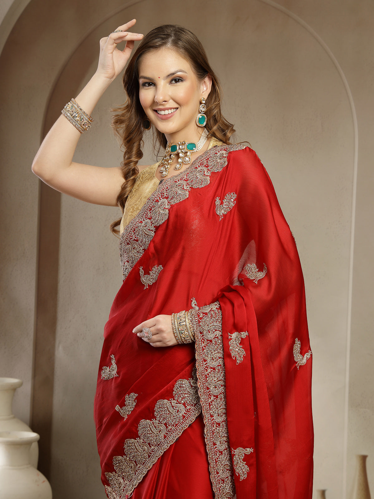 Crimson Red Organza Saree with Elegant Silver Embroidered Border