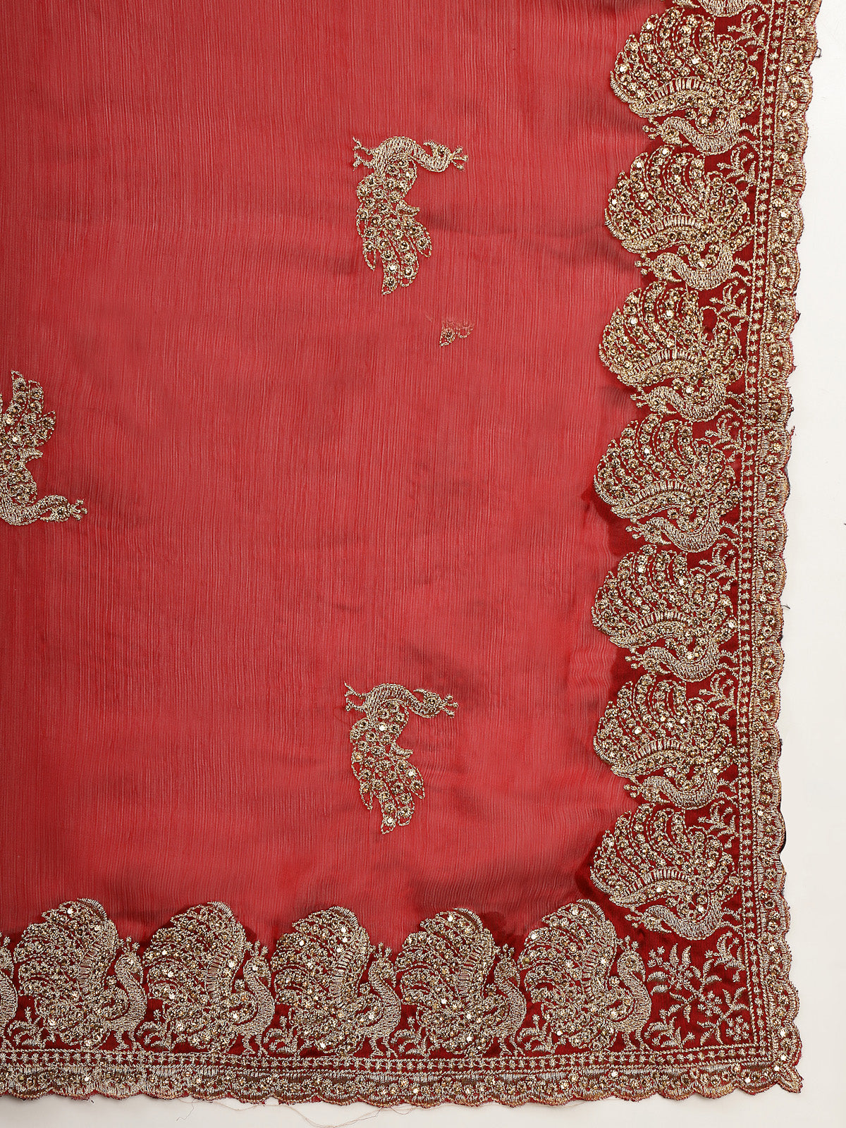 Crimson Red Organza Saree with Elegant Silver Embroidered Border