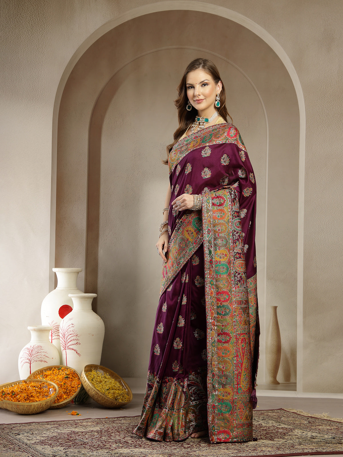 Deep Wine with Multicolor Satin Saree