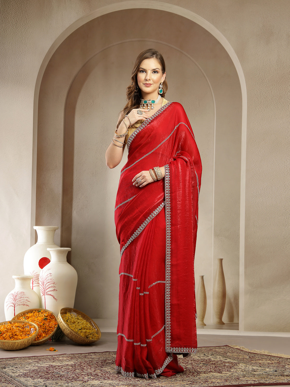 Red Designer Satin Saree