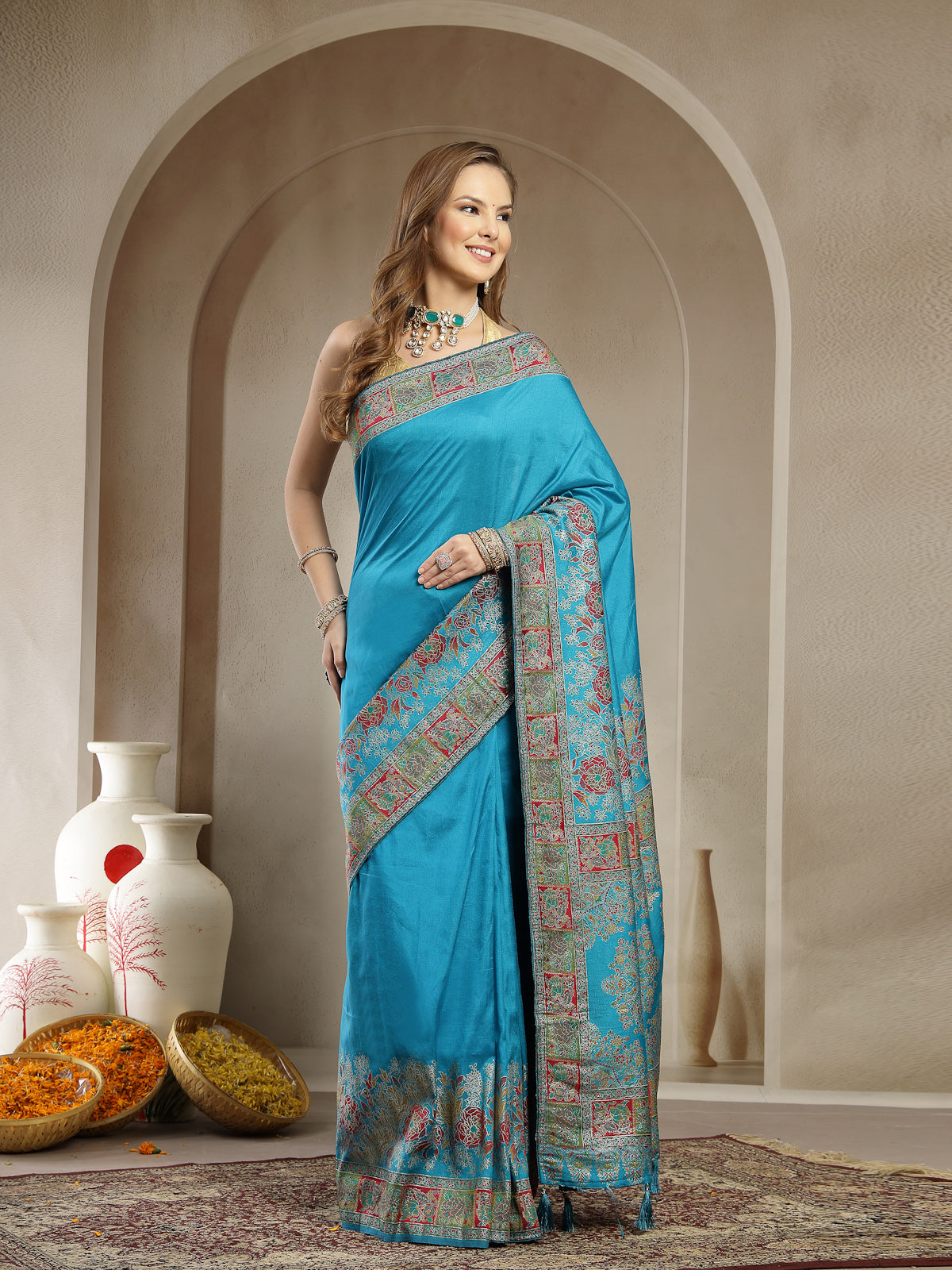 Turquoise Blue Traditional Satin Saree with Designer Border