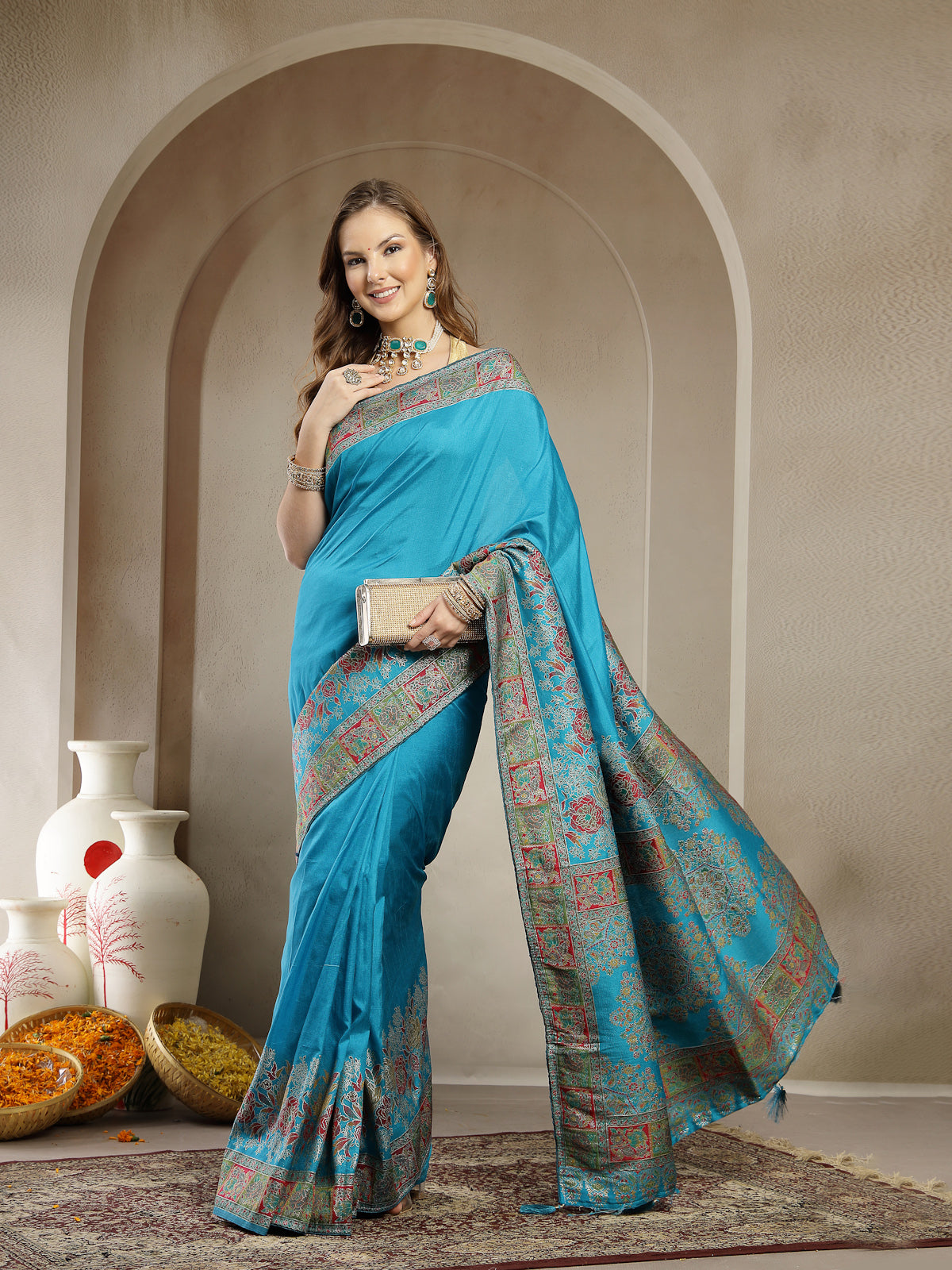 Turquoise Blue Traditional Satin Saree with Designer Border