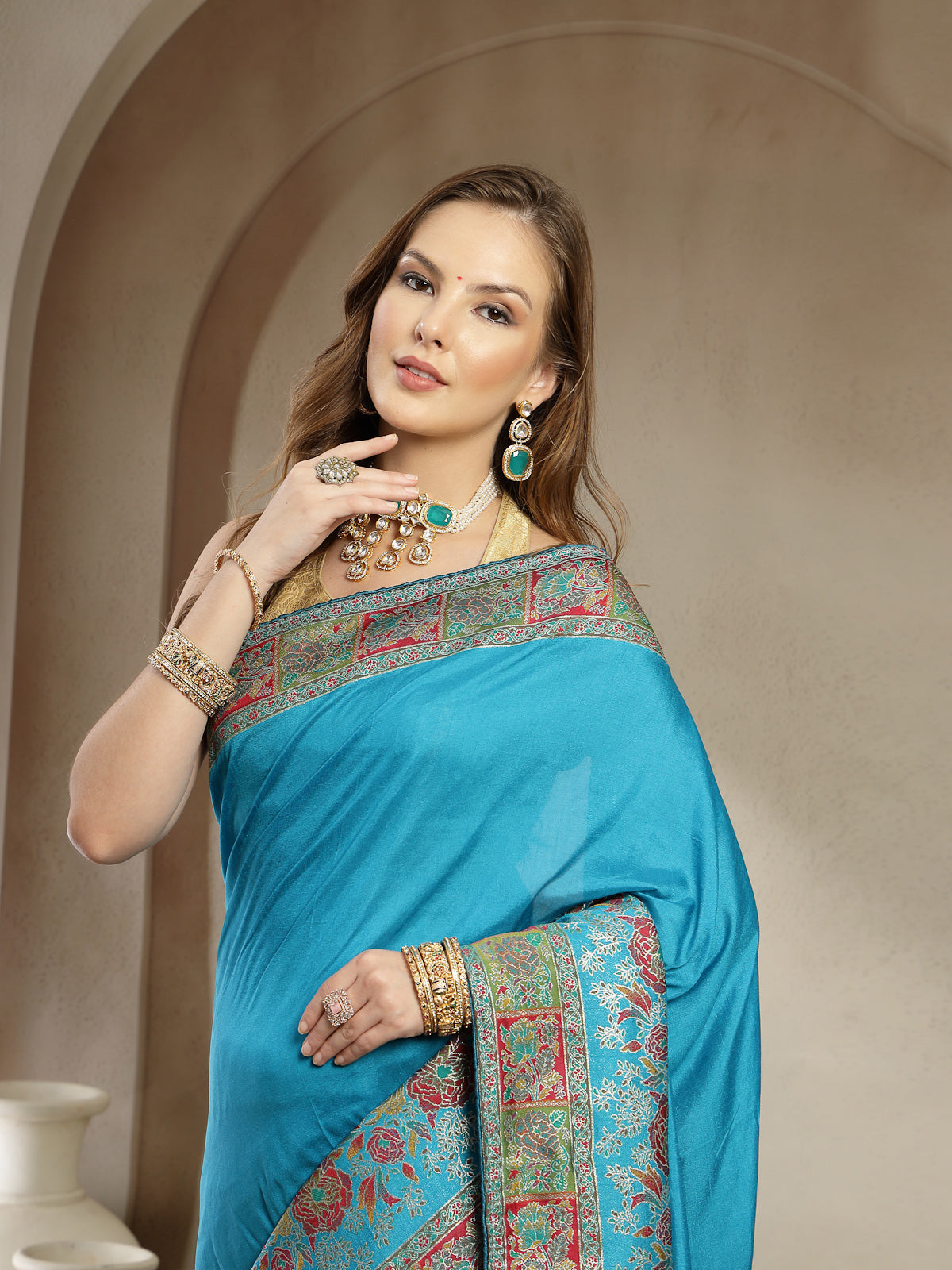 Turquoise Blue Traditional Satin Saree with Designer Border
