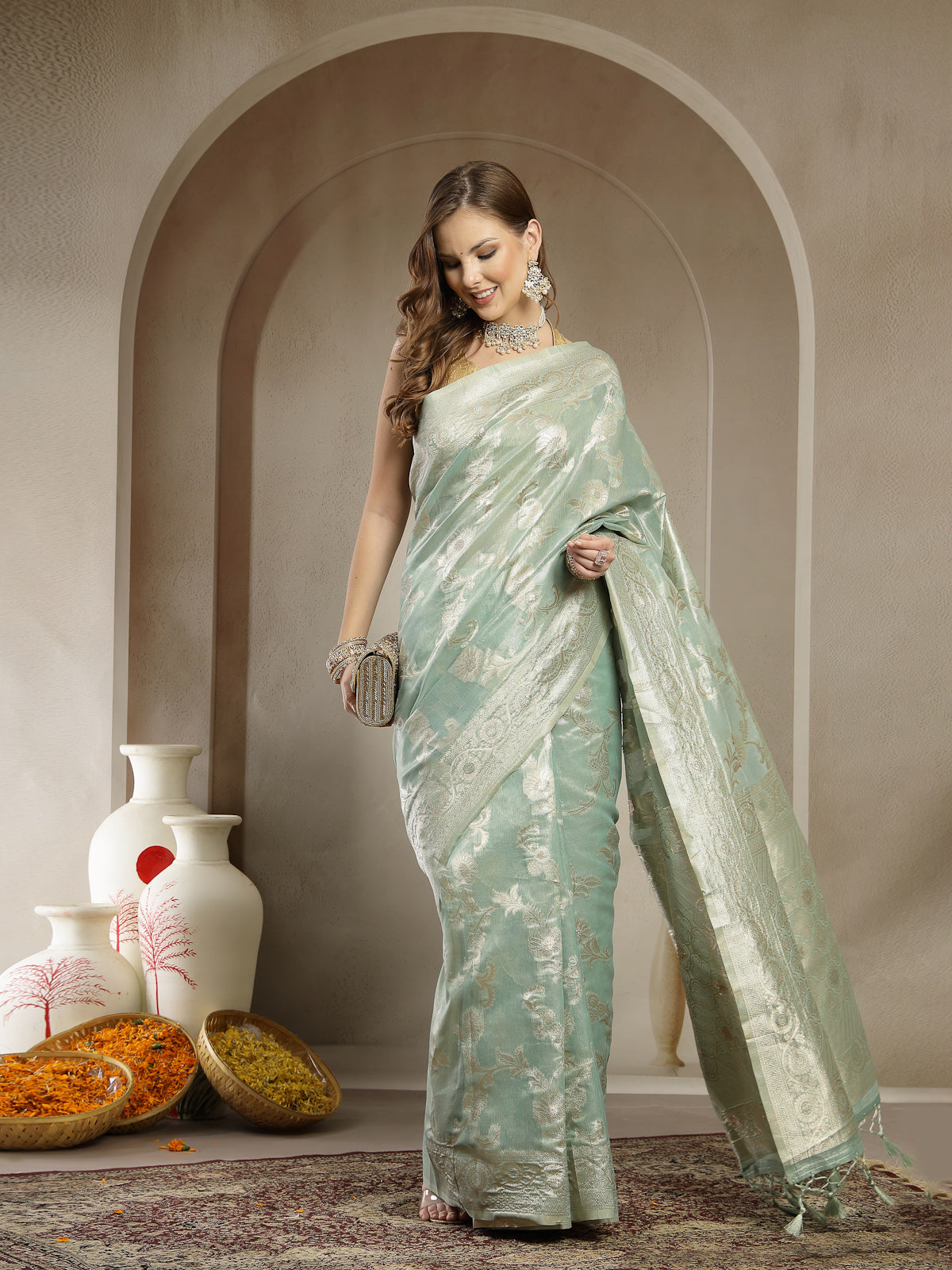 Mint Green Handwoven Satin Silk Saree