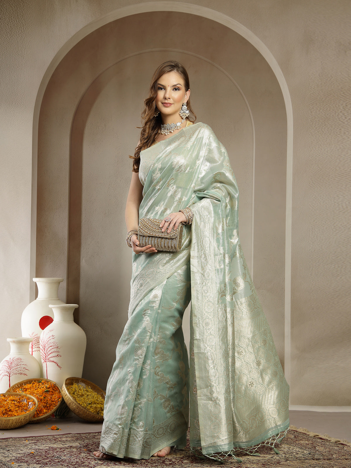 Mint Green Handwoven Satin Silk Saree