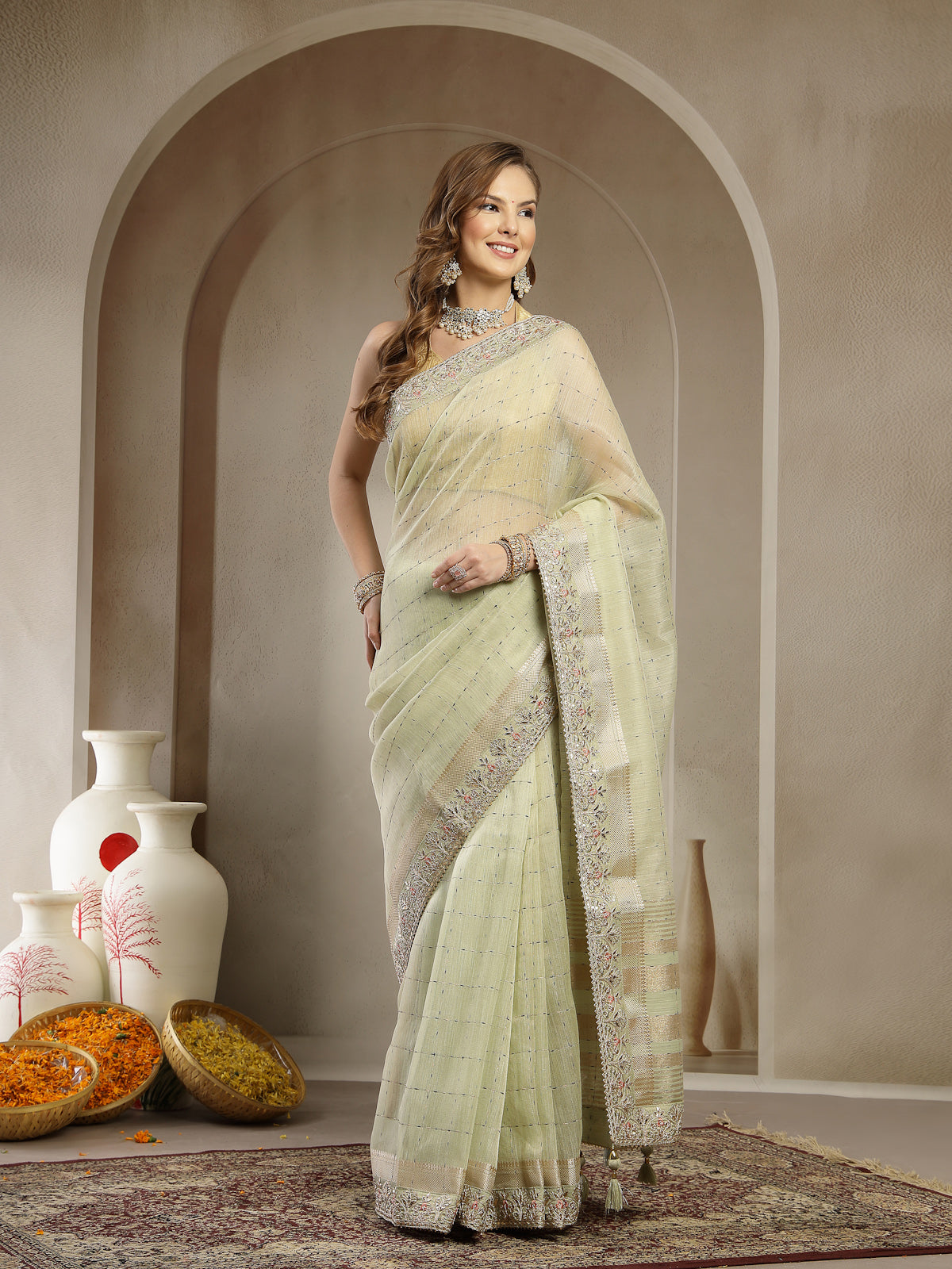 Pastel Pistachio Green Handcrafted Embroidered Organza Saree