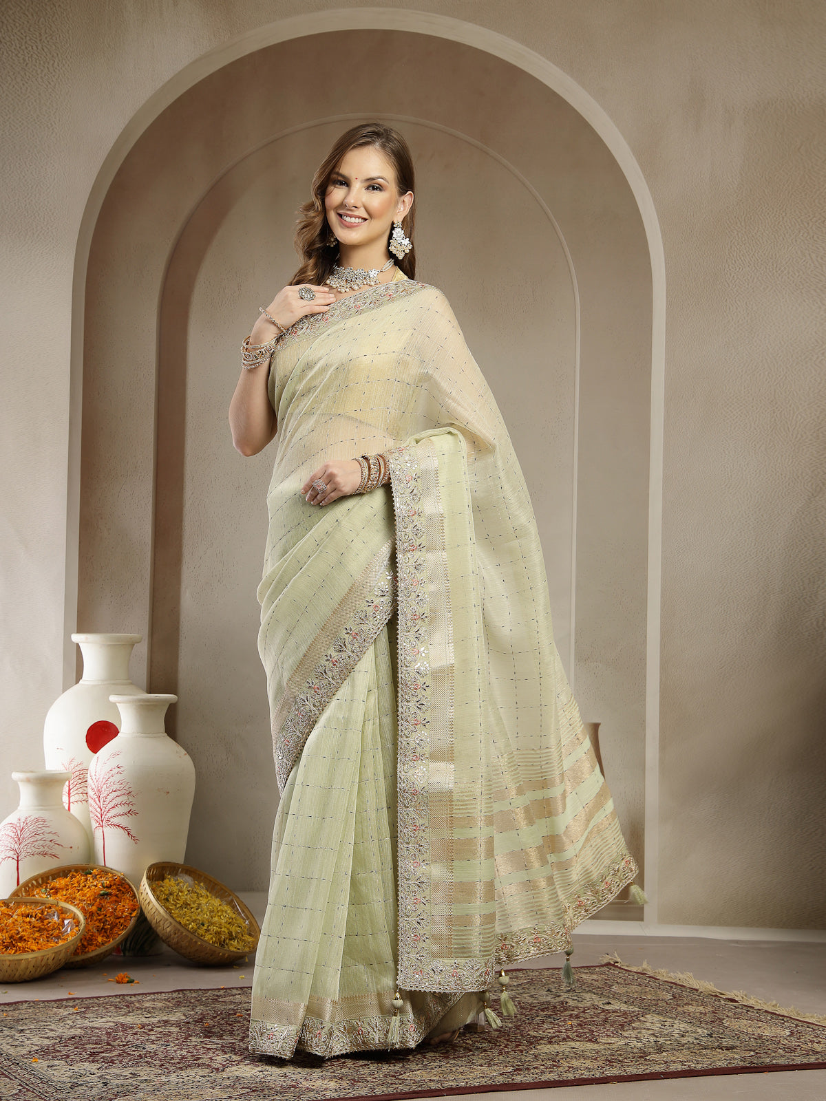 Pastel Pistachio Green Handcrafted Embroidered Organza Saree