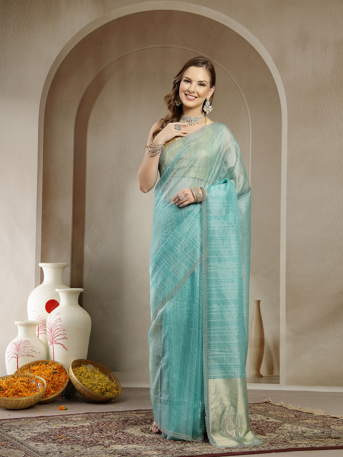 Elegant Aqua Blue Satin Silk Saree