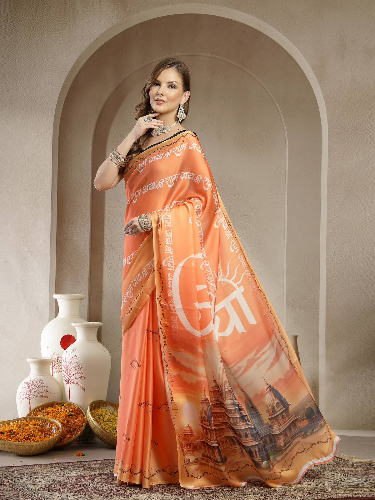 Saffron Orange Cultural Print Satin Saree