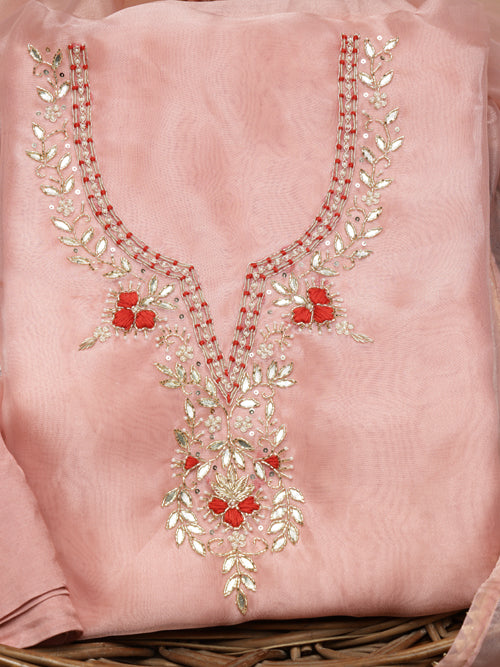 Light Pink Unstitched Suit with Handcrafted Heavy Gota Patti and Pearl Work