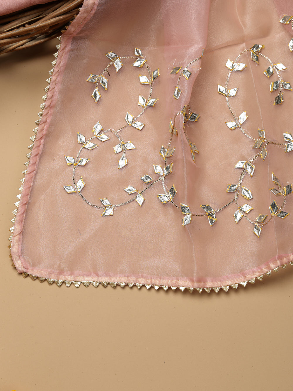 Light Pink Unstitched Suit with Handcrafted Heavy Gota Patti and Pearl Work